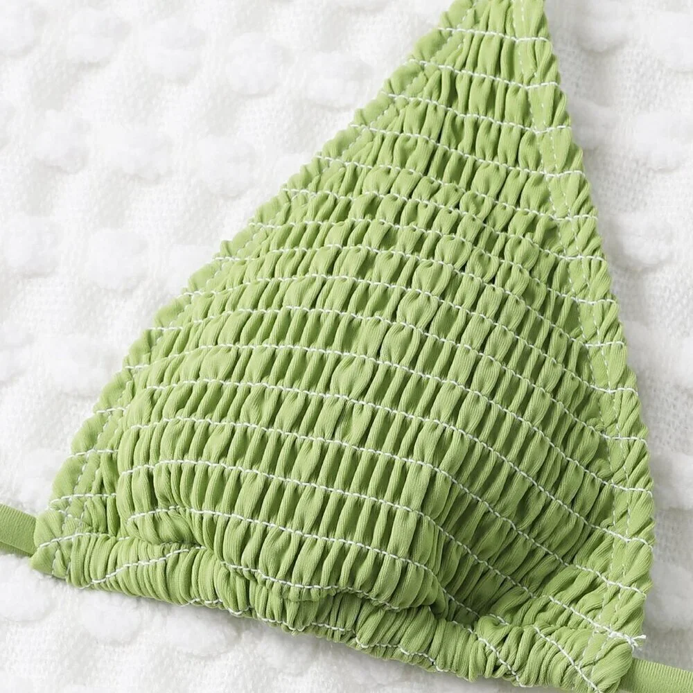 Olive Green Sexy Women's Summer Beach Mono Bikini Set Smocked Micro Triangle Bra